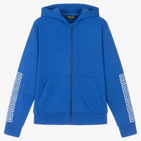 Teen Boys Blue Cotton Hooded Zip-Up Top