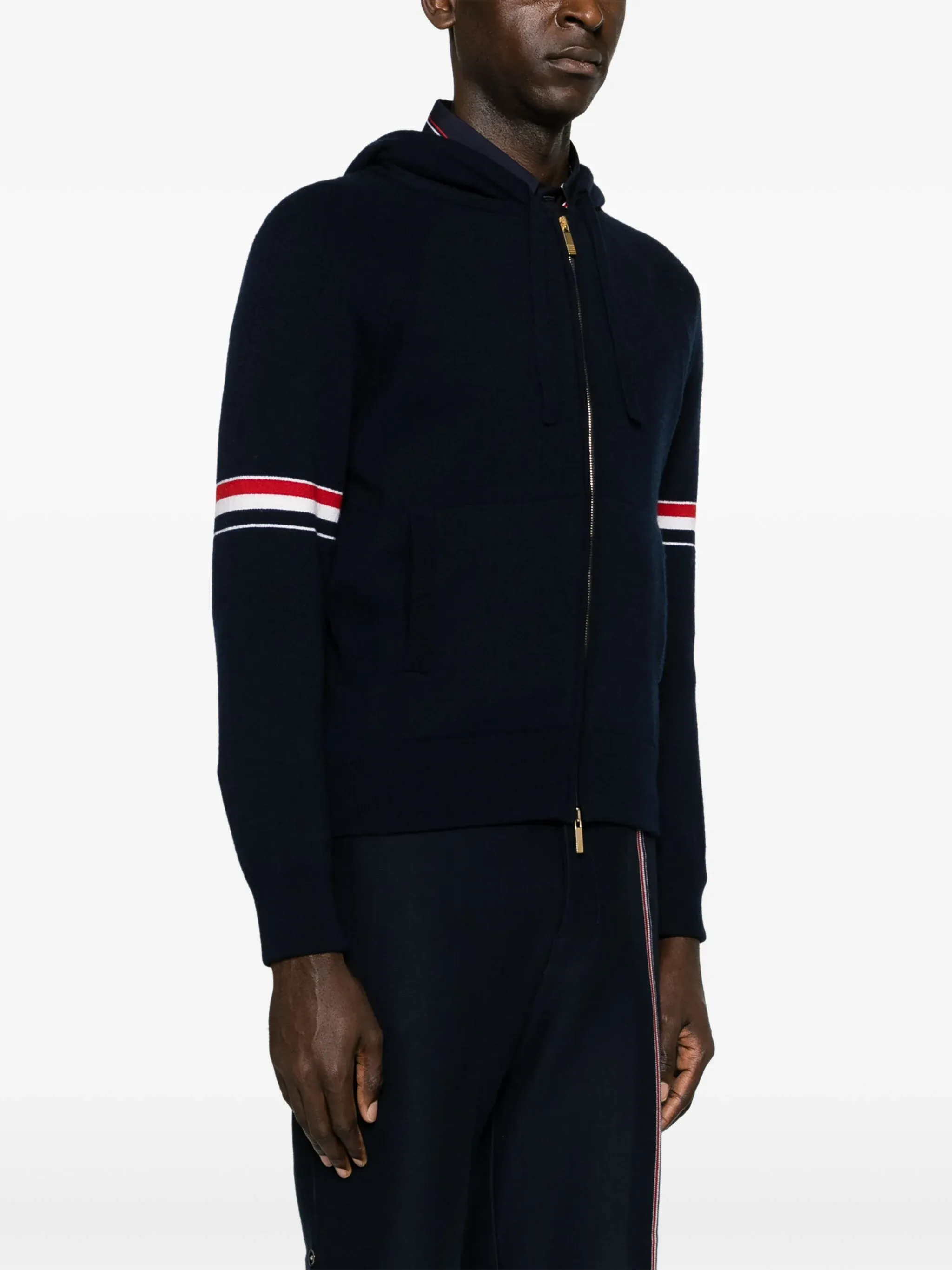 THOM BROWNE - Men Jersey Float Jacquard Stitch Zip Up Hoodie In Cashmere W/Rwb Armband