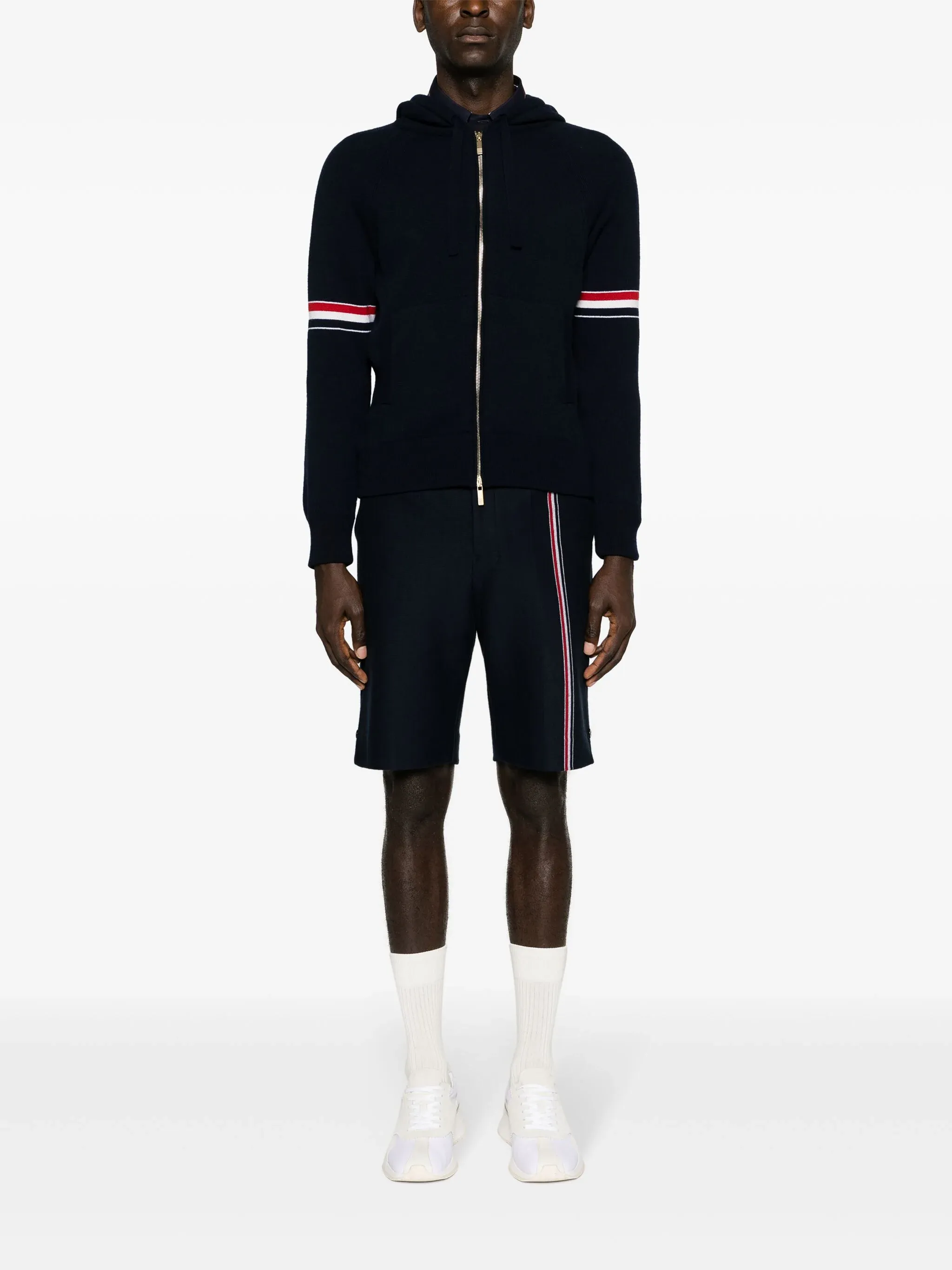 THOM BROWNE - Men Jersey Float Jacquard Stitch Zip Up Hoodie In Cashmere W/Rwb Armband