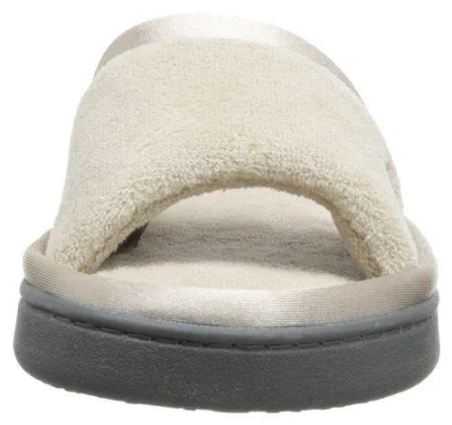 Totes isotoner Women's Microterry Slide Slipper with Satin Trim, Stone, 8.5/9