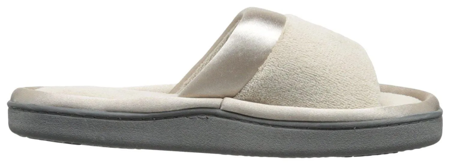 Totes isotoner Women's Microterry Slide Slipper with Satin Trim, Stone, 8.5/9