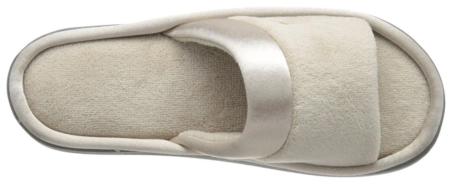 Totes isotoner Women's Microterry Slide Slipper with Satin Trim, Stone, 8.5/9