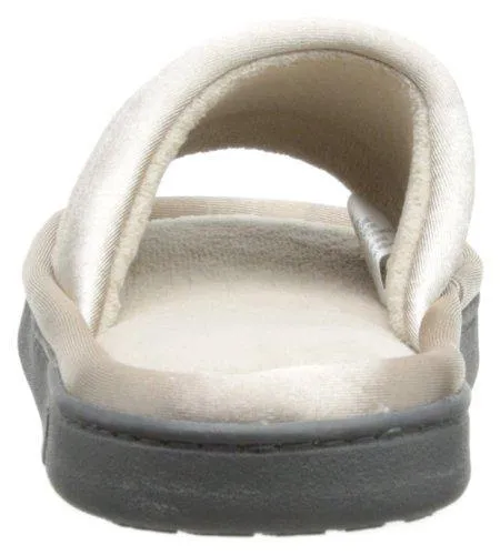 Totes isotoner Women's Microterry Slide Slipper with Satin Trim, Stone, 8.5/9