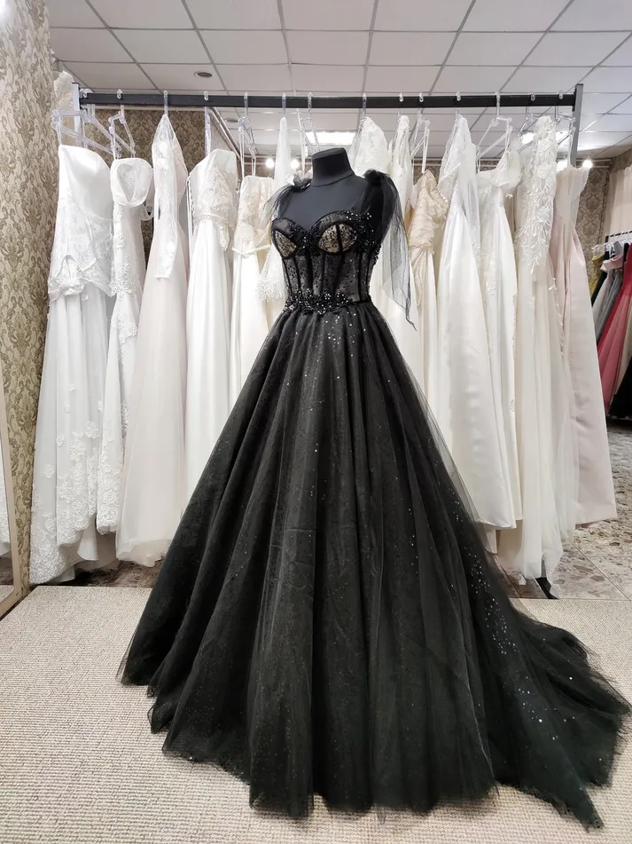 Tulle Black Prom Dress, Off Shoulder A-Line Party Dress Elegant Evening Dress