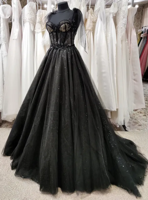 Tulle Black Prom Dress, Off Shoulder A-Line Party Dress Elegant Evening Dress