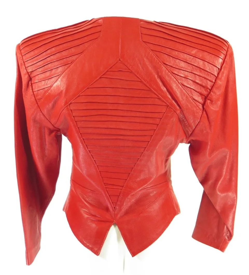 Vintage 70s Red Leather Jacket Womens 8 Retro Glam Ribbed Le Piel Fetish