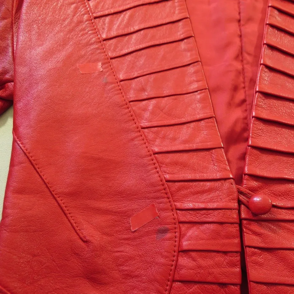 Vintage 70s Red Leather Jacket Womens 8 Retro Glam Ribbed Le Piel Fetish