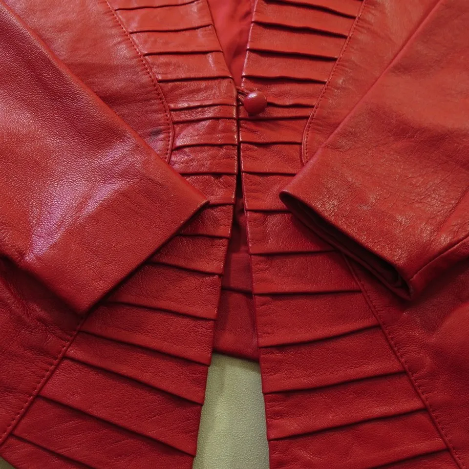 Vintage 70s Red Leather Jacket Womens 8 Retro Glam Ribbed Le Piel Fetish