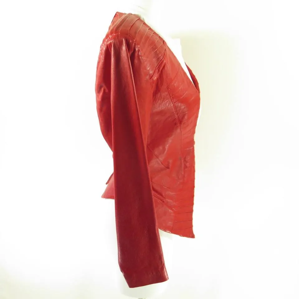 Vintage 70s Red Leather Jacket Womens 8 Retro Glam Ribbed Le Piel Fetish