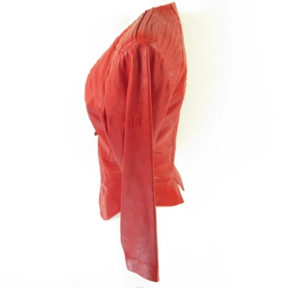 Vintage 70s Red Leather Jacket Womens 8 Retro Glam Ribbed Le Piel Fetish