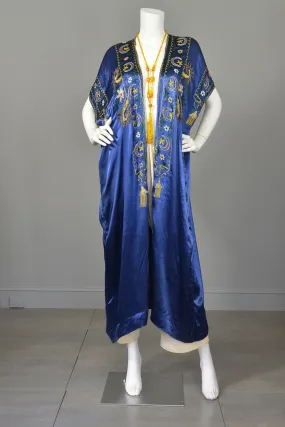 Vintage Blue Satin Embroidered Tassels Duster Maxi Vest