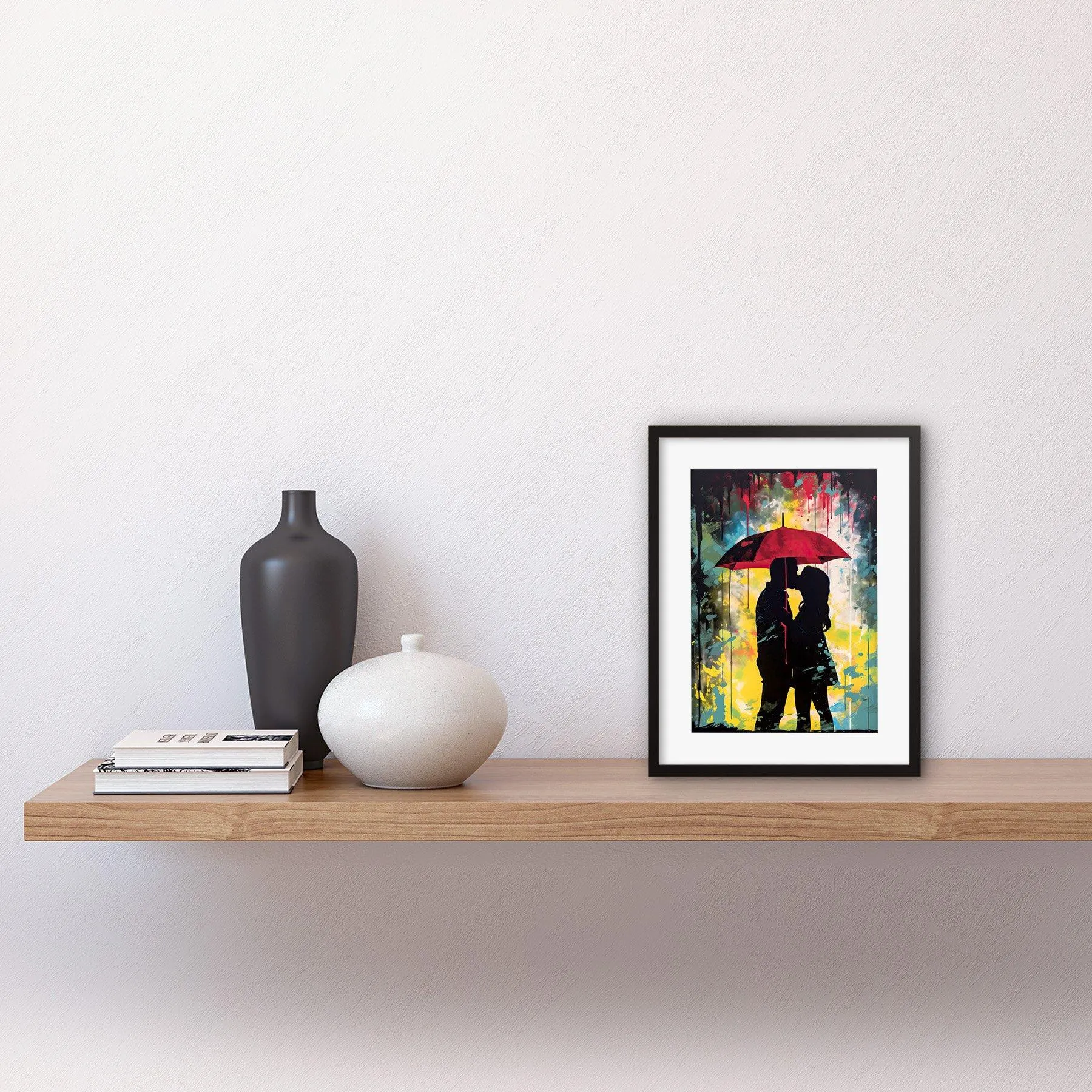 Wall Art & Pictures | Wall Art Print Couple Silhouette Kissing Under a Red Umbrella Artwork Framed 9X7 Inch | Artery8