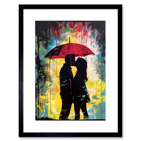 Wall Art & Pictures | Wall Art Print Couple Silhouette Kissing Under a Red Umbrella Artwork Framed 9X7 Inch | Artery8