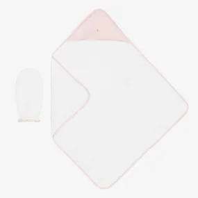 White & Pink Cotton Hooded Towel & Mitt Set