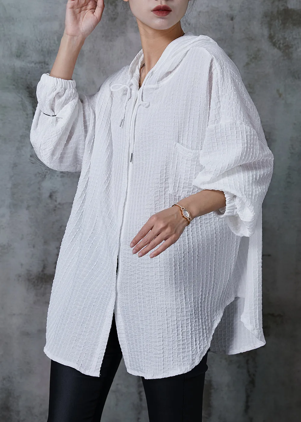 White Striped Cotton Shirt Top Hooded Summer