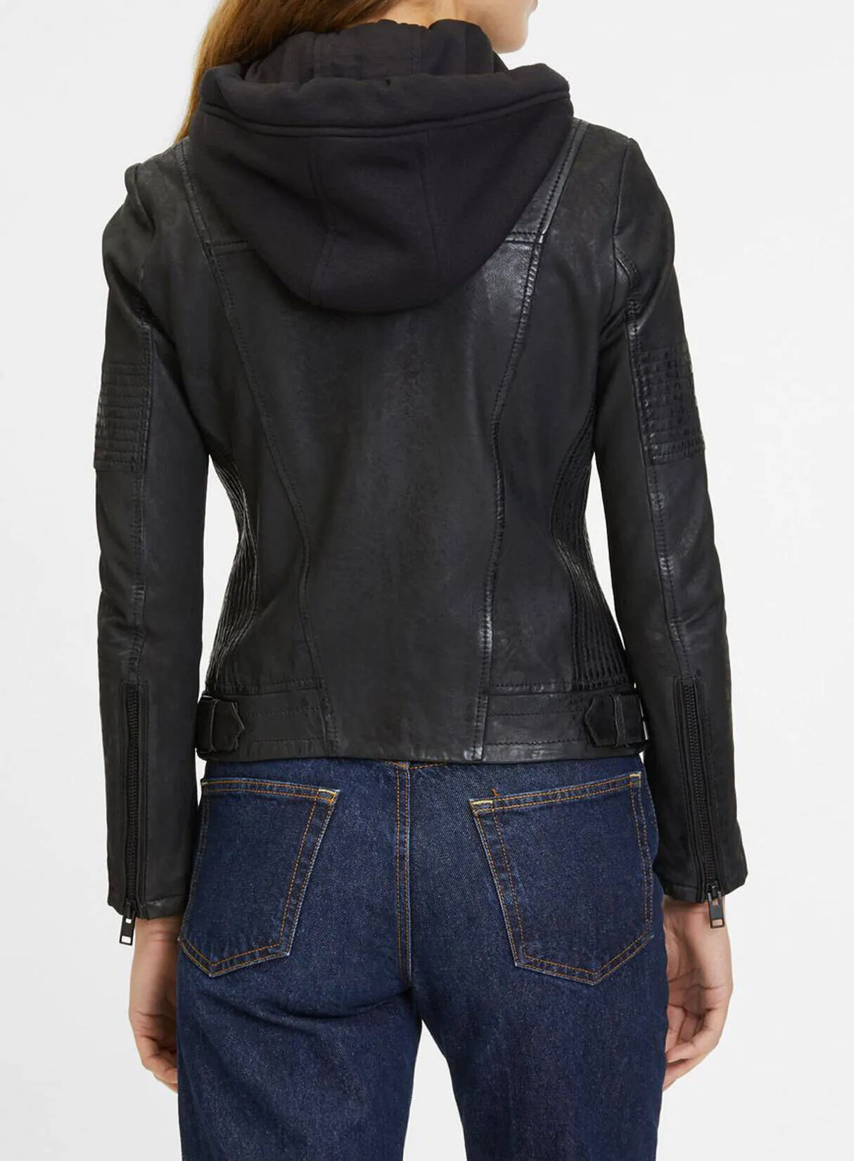 Women's black hooded leather jacket in motorcycle style jadyn