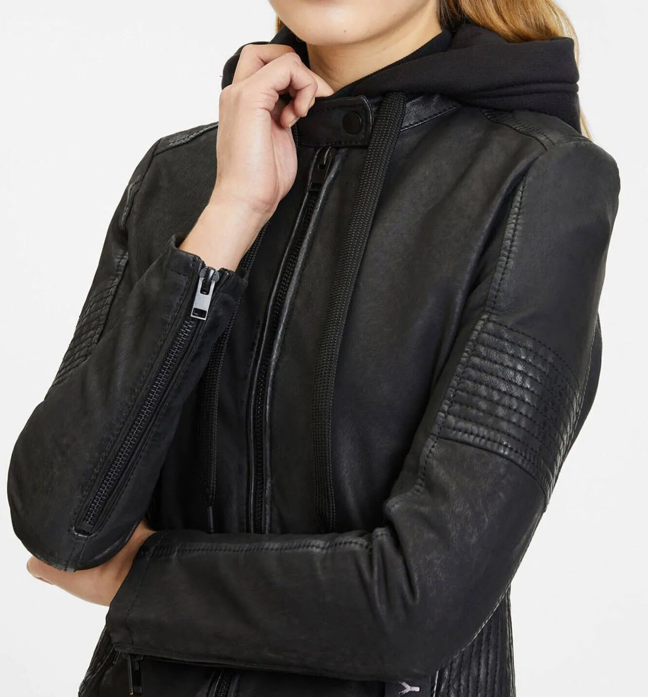 Women's black hooded leather jacket in motorcycle style jadyn