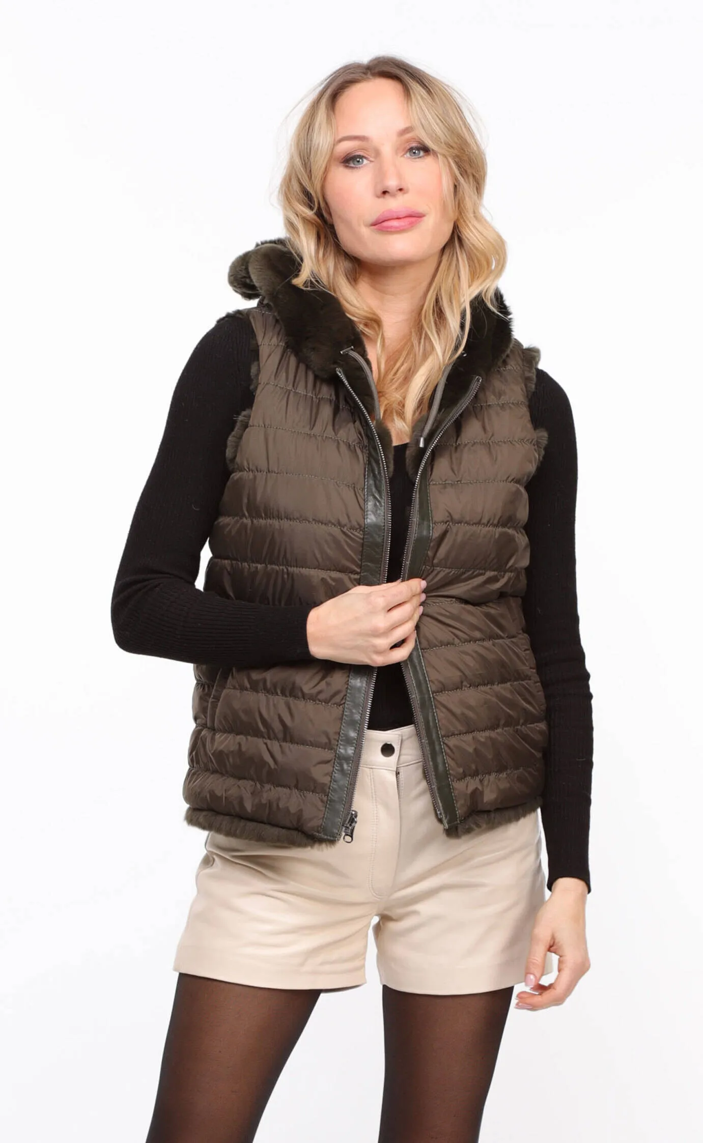 Women's khaki \rexe\ reversible hooded rabbit vest