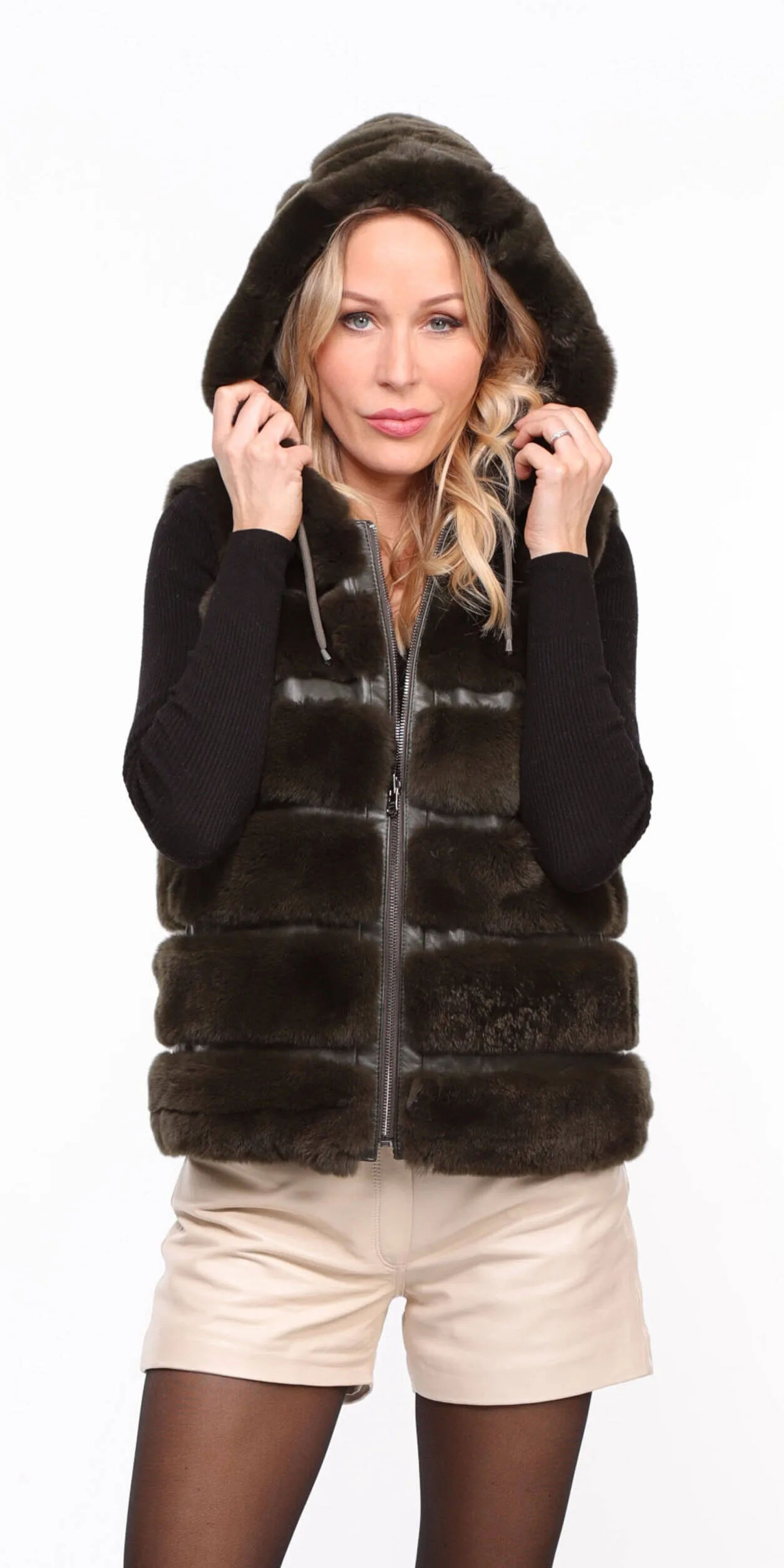 Women's khaki \rexe\ reversible hooded rabbit vest