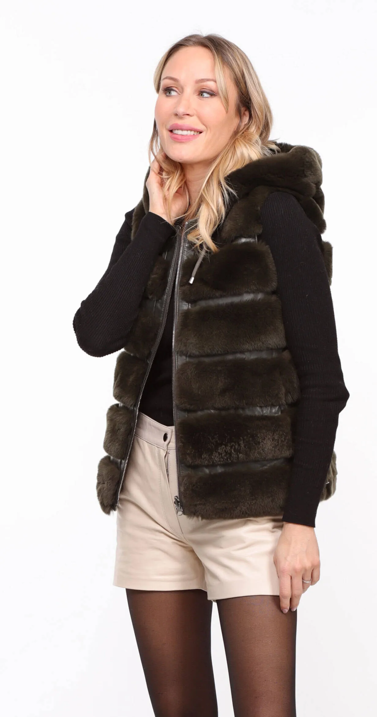 Women's khaki \rexe\ reversible hooded rabbit vest