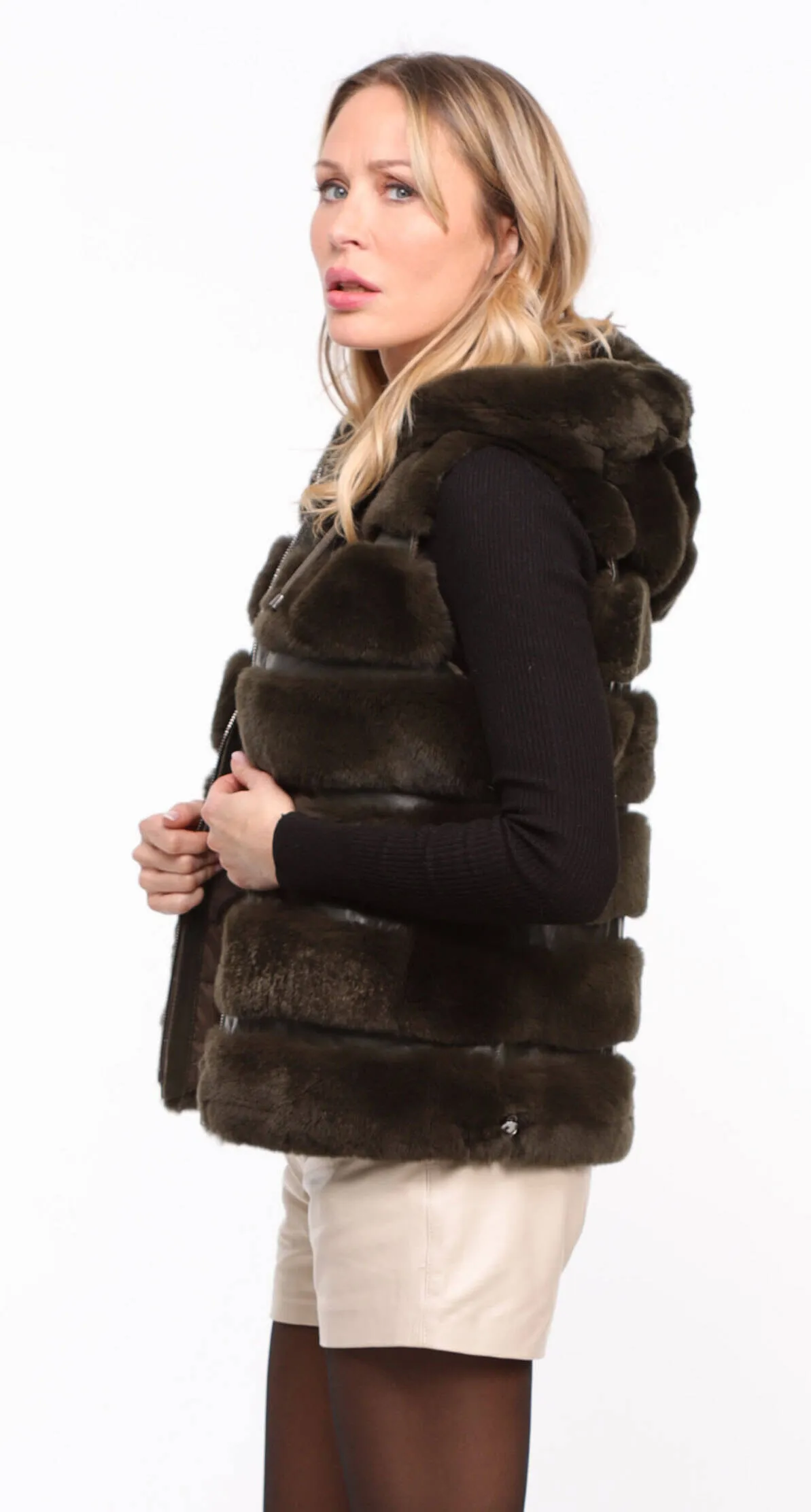 Women's khaki \rexe\ reversible hooded rabbit vest