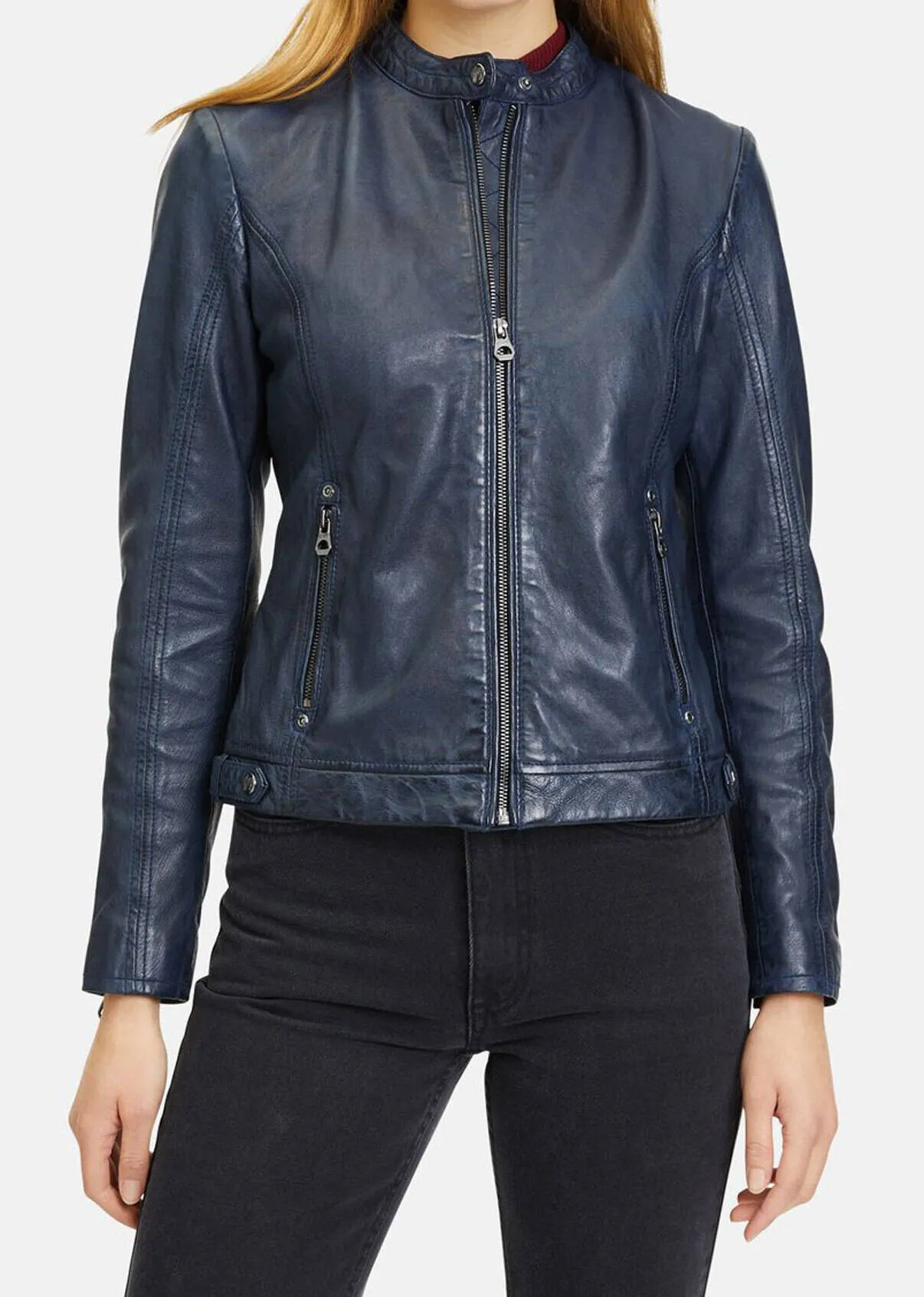 Women's navy leather jacket in motorcycle style joanne