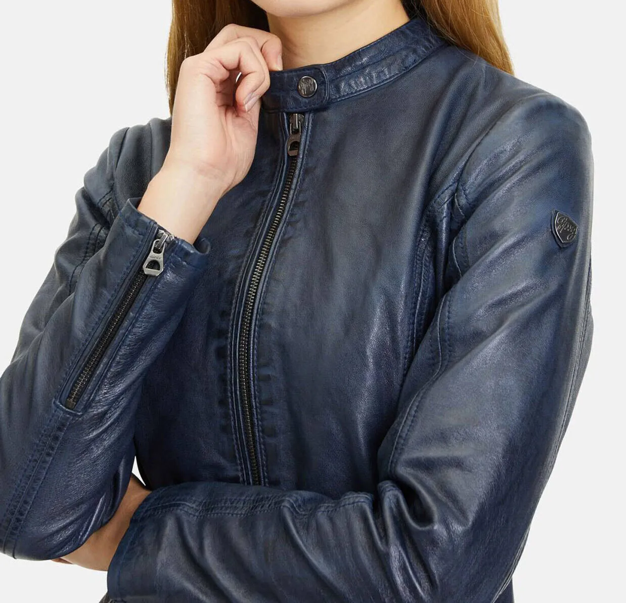 Women's navy leather jacket in motorcycle style joanne