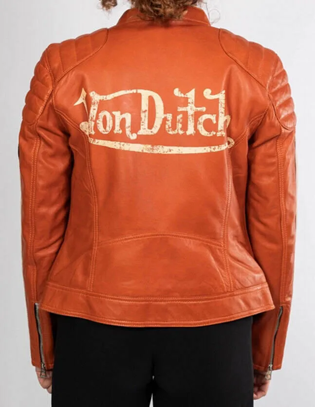 Women's orange motorcycle style leather jacket in rose garden kenya