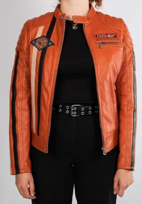 Women's orange motorcycle style leather jacket in rose garden kenya