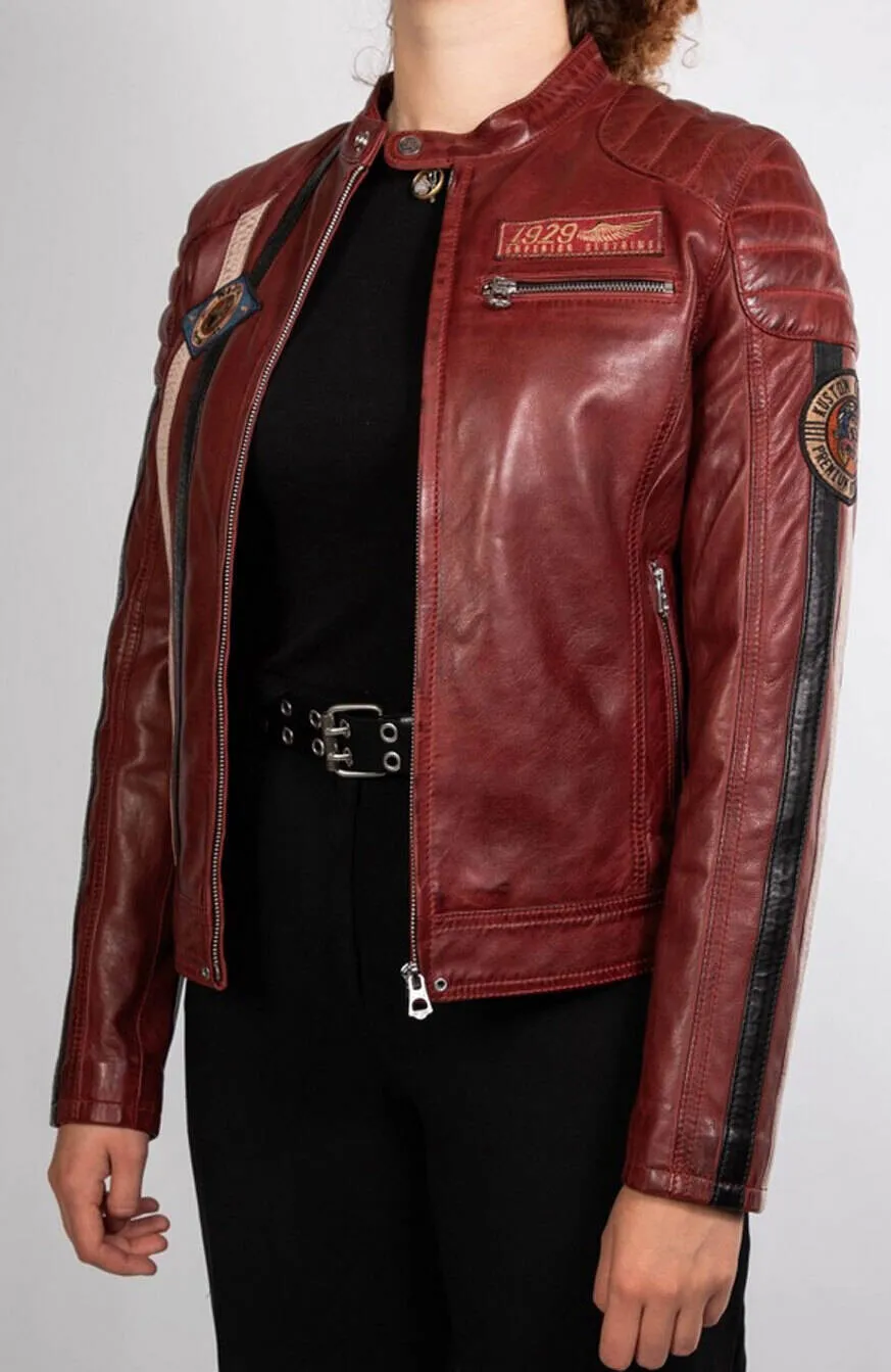 Women's red leather jacket in rose garden kenya motorcycle style