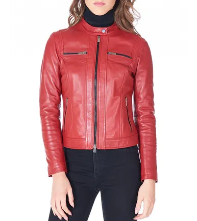 Womens Red Snap Tab Collar Biker Leather Jacket