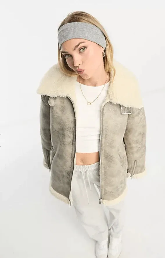 Women's White Distressed Shearling Leather Bomber Jacket