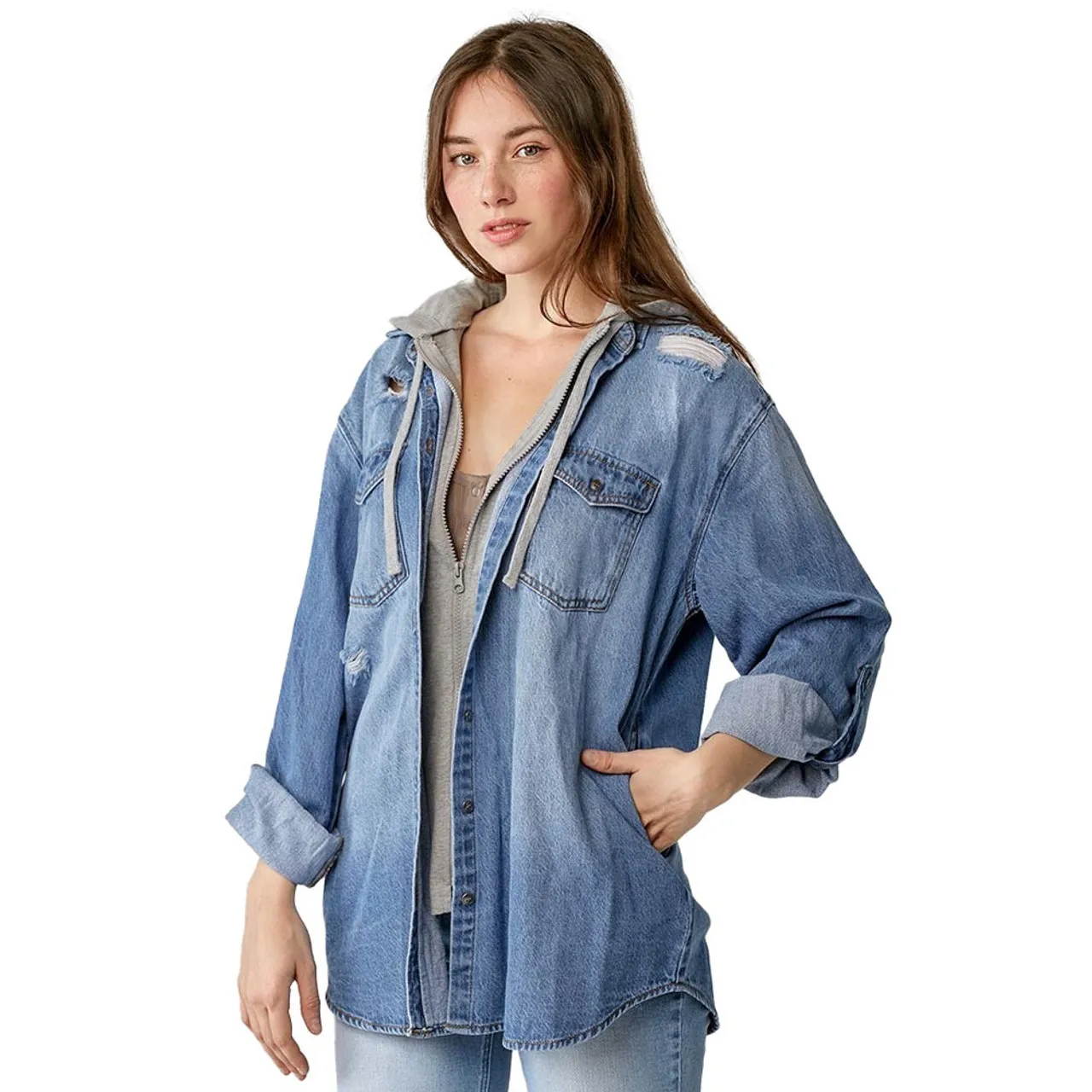 Women's Risen Oversized Vintage Denim Shirt Hoodie - Medium Wash