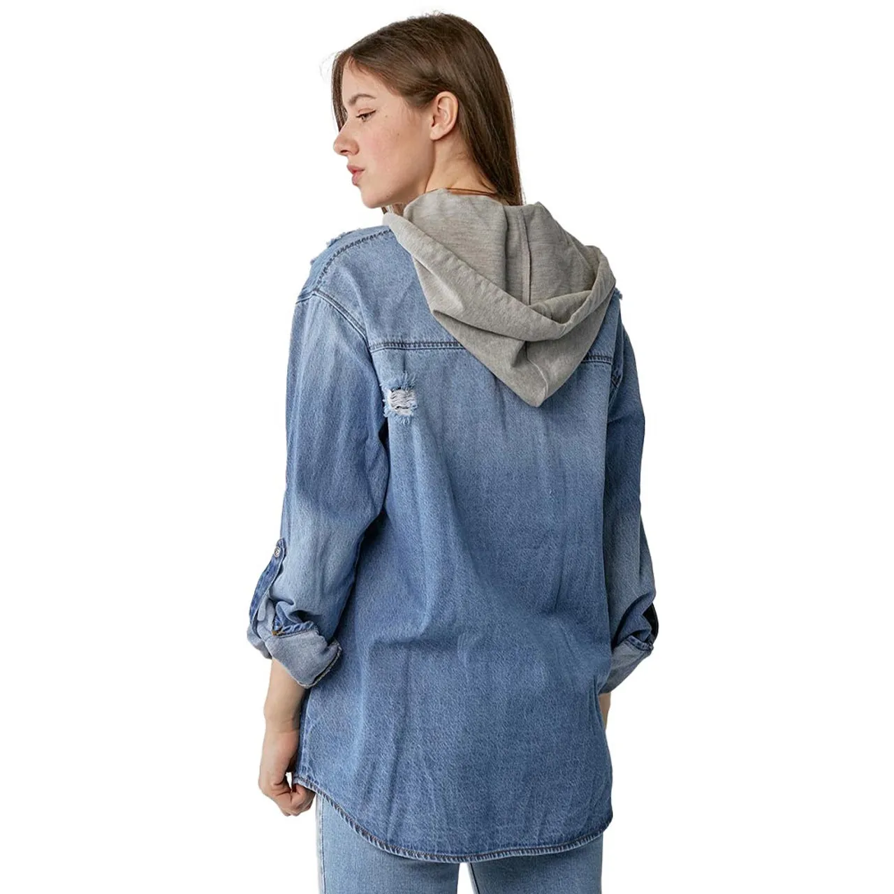 Women's Risen Oversized Vintage Denim Shirt Hoodie - Medium Wash