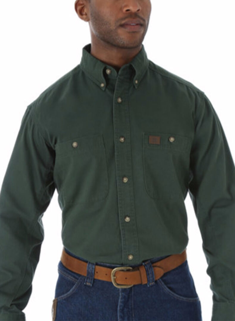 Wrangler Men's Riggs Workwear Long Sleeve Button Down Twill Shirt in Forest Green