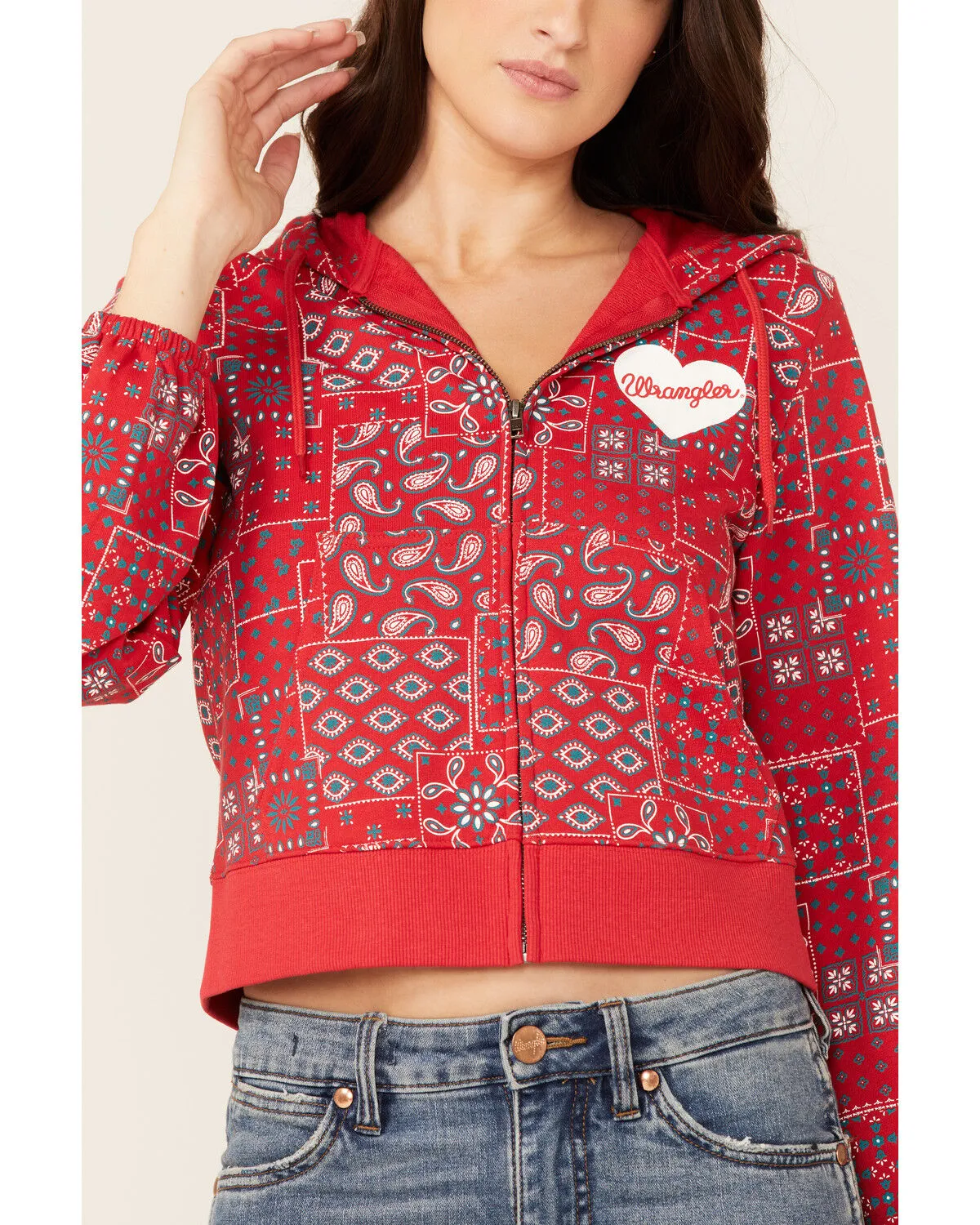 Wrangler Women's Bandana Print Red Crop Zip Hooded Jacket